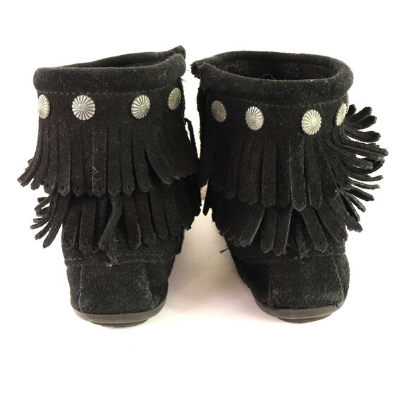 Minnetonka Double Fringe Ankle Booties Black Suede Moc Toe Zip 6 - Picture 7 of 9